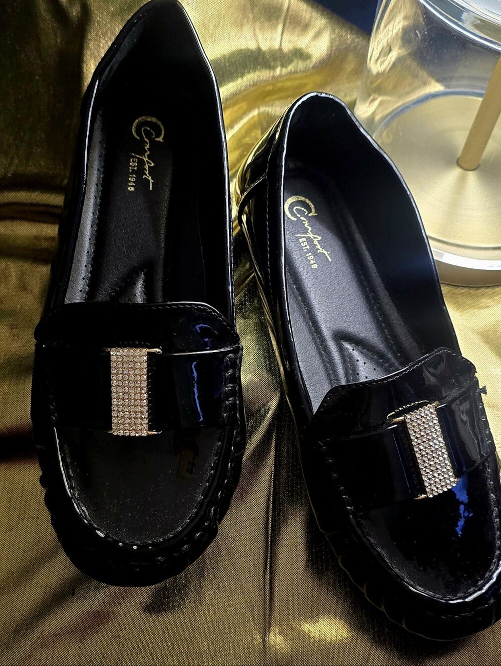 Women’s Black Patent Loafers with Rhinestone Accent